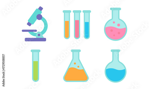 Colorful laboratory equipment icons for science and education projects
