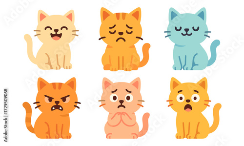 Cute cartoon cats expressing different emotions in flat style