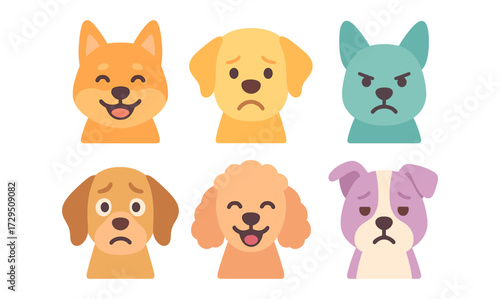 Cute cartoon dog faces with various emotions in flat style