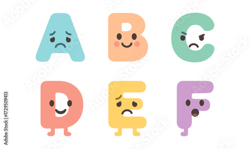 Playful alphabet characters with expressive faces in bold colors
