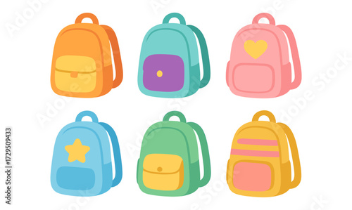 Colorful backpacks collection with cartoon style and cute patterns