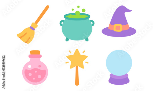 Colorful witchcraft icons: broom, cauldron, hat, potion, wand, crystal ball