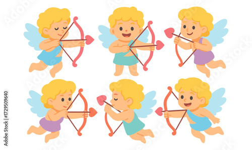 Cute cherubs with bows and arrows in playful actions