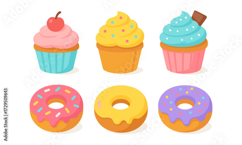 Colorful cupcakes and donuts with sprinkles and toppings on white background