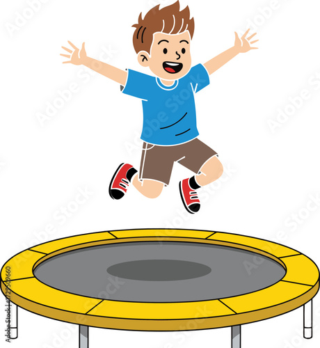 Happy cartoon boy jumping on a trampoline, playful kid enjoying outdoor fun activity, energetic child bouncing with excitement in sports recreation