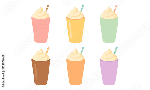 Pastel milkshakes with whipped cream topped glasses and colored straws