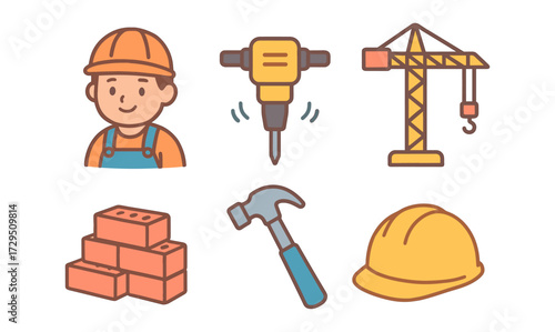 Charming construction icons: worker, tools, and equipment in cute cartoon style