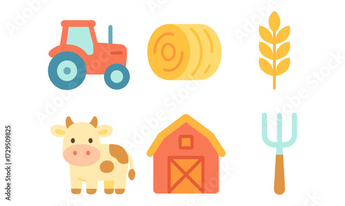 Colorful farm icons set featuring tractor, cow, barn, and more