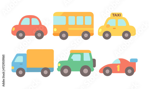 Colorful flat style transportation icons set featuring diverse vehicles