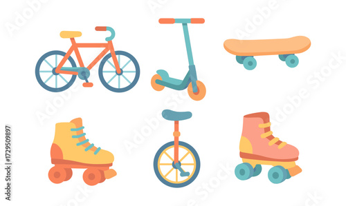 Colorful set of flat design recreational wheels: bicycle, scooter, skateboard, roller skates, unicycle