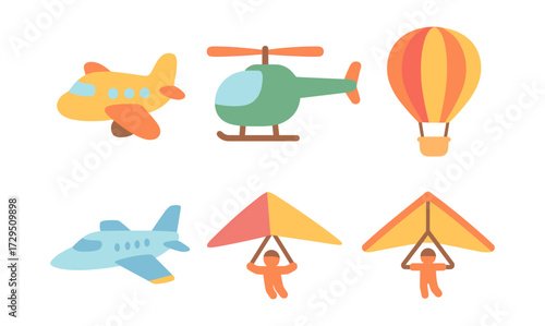 Colorful transportation icons featuring aircraft and balloons in playful style