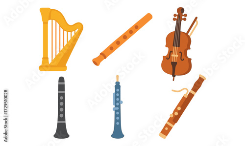 Colorful musical instruments collection featuring harp, violin, and wind instruments