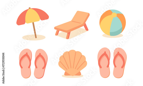 Summer beach essentials in flat design: umbrella, flip flops, and more