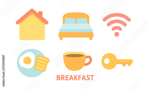 Cozy home amenities collection with breakfast and wi-fi in playful flat design