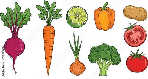 Whimsical Hand-Drawn Vegetable Collection – Colorful Fresh Produce Illustration on White Background