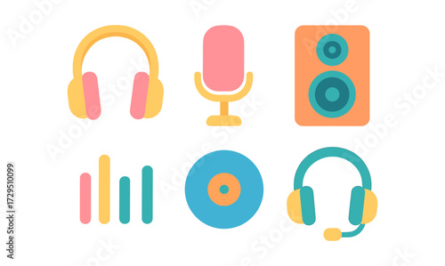 Colorful audio equipment icons with headphones and microphone in flat style