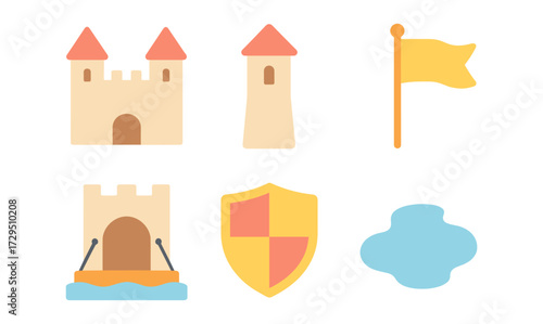 Medieval elements collection: castle, tower, flag, shield, moat in flat design