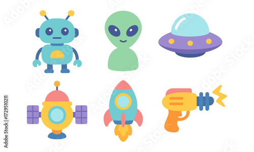 Playful cute alien and spaceship icons set in flat cartoon style for kids