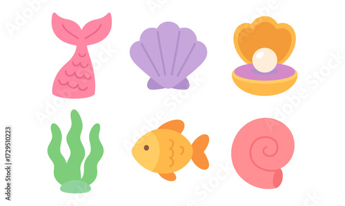 Colorful sea life icons: mermaid tail, shells, fish, seaweed, pearl