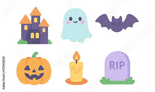 Cute halloween icons: ghost, pumpkin, haunted house, bat, candle, tombstone in flat style