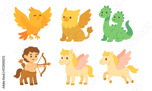 Cute mythical creatures and legendary beasts in cartoon style