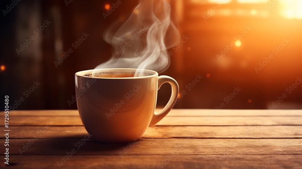 Obraz premium Steaming cup of coffee on a wooden table with warm lighting