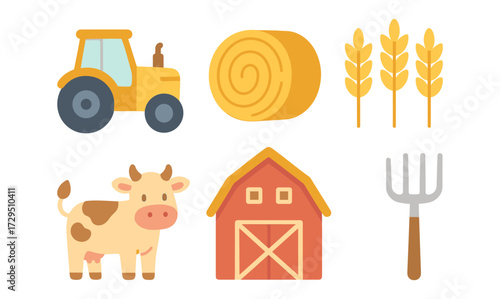 Colorful farm elements with barn and tractor in flat design