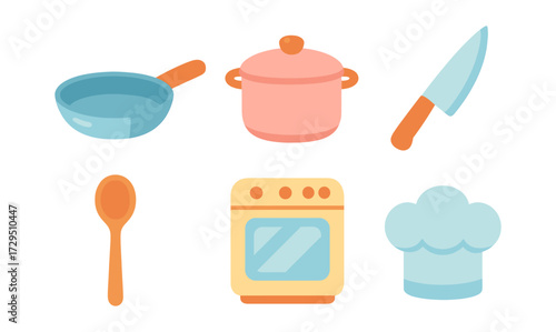 Colorful kitchen utensils and appliance icons in flat design for culinary projects
