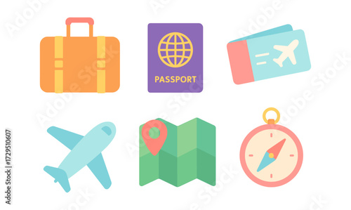 Essential travel icons for modern journeys: passport, tickets, and more
