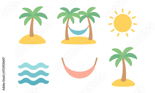 Tropical paradise elements with palm trees, sun, and hammocks in flat design