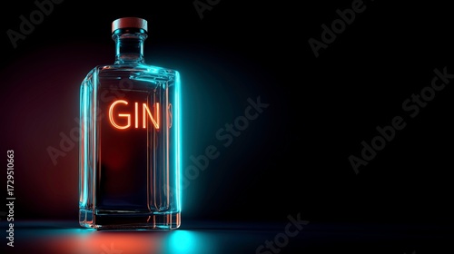 Bottle of gin illuminated with neon lights on dark background  
