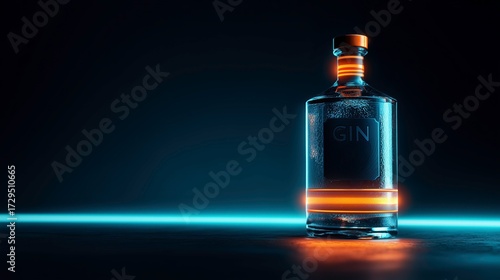 Glass bottle of gin illuminated with neon light on dark background  