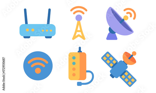 Colorful communication icons: router, antenna, satellite, and wi-fi signal