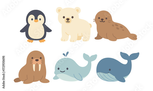 Cute arctic animals set in flat style: penguin, polar bear, seal, walrus, whale
