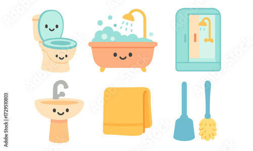 Cute kawaii bathroom essentials: toilet, bathtub, shower, sink, towel, plunger
