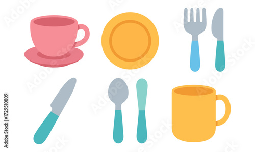 Colorful flat style kitchen utensils collection: spoons, cups, plates, and cutlery