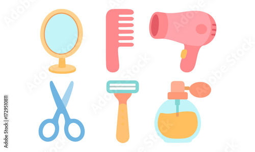 Colorful beauty and hair care tools in flat design