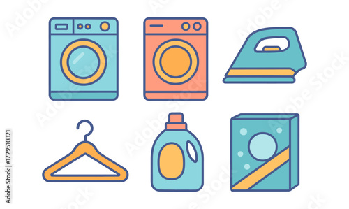 Colorful outline icons of laundry appliances and detergents