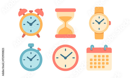 Colorful flat timekeeping elements with watches and clocks