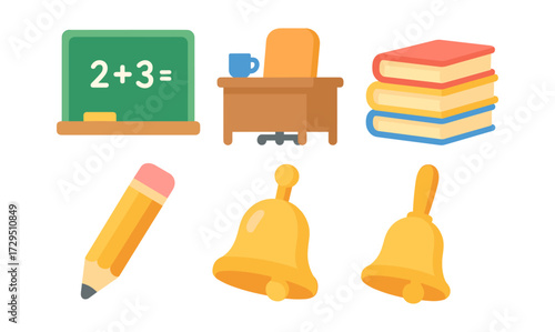 Classroom essentials in flat design: chalkboard, desk, and school supplies