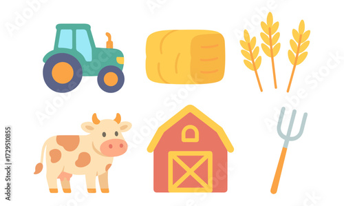Charming farm elements: tractor, hay, wheat, cow, barn, and pitchfork in flat style