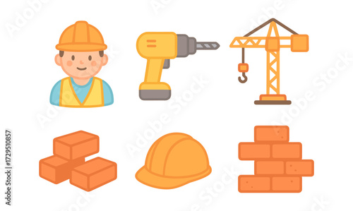 Construction tools and worker icons in flat cartoon style