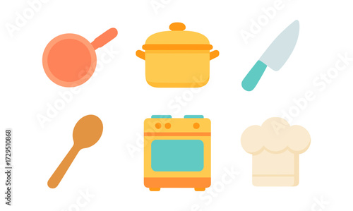 Colorful kitchen utensils and appliances in flat design