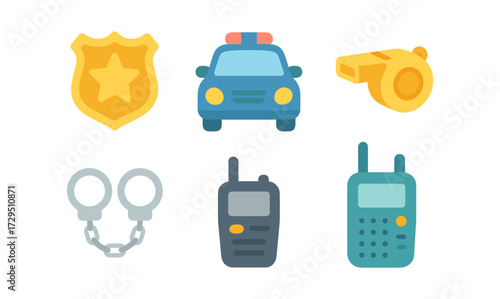 Police icons set featuring badge, patrol car, and radio equipment in flat design