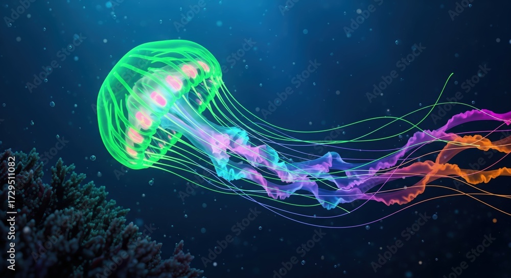 Naklejka premium Bioluminescent Filament Medusa — side view midshot with pulsing glow, pink-turquoise highlights and deep blue sea bubbles