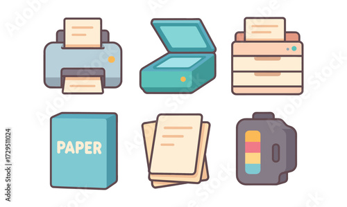 Office equipment icons for printing and scanning in a modern flat style