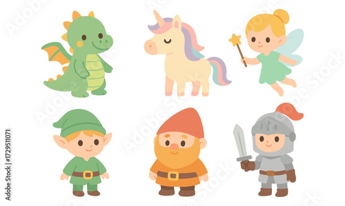 Cute cartoon fantasy characters: dragon, unicorn, fairy, elf, dwarf, knight