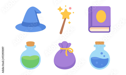 Magic hat, wand, spellbook, potion bottles, and bag collection in flat style