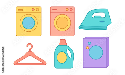 Colorful laundry appliances and cleaning tools in flat design