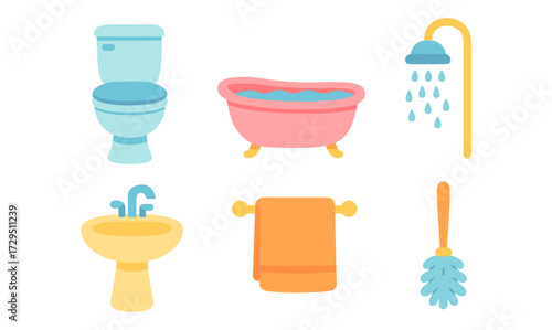 Colorful bathroom essentials collection featuring bath, shower, and toilet in minimalist design